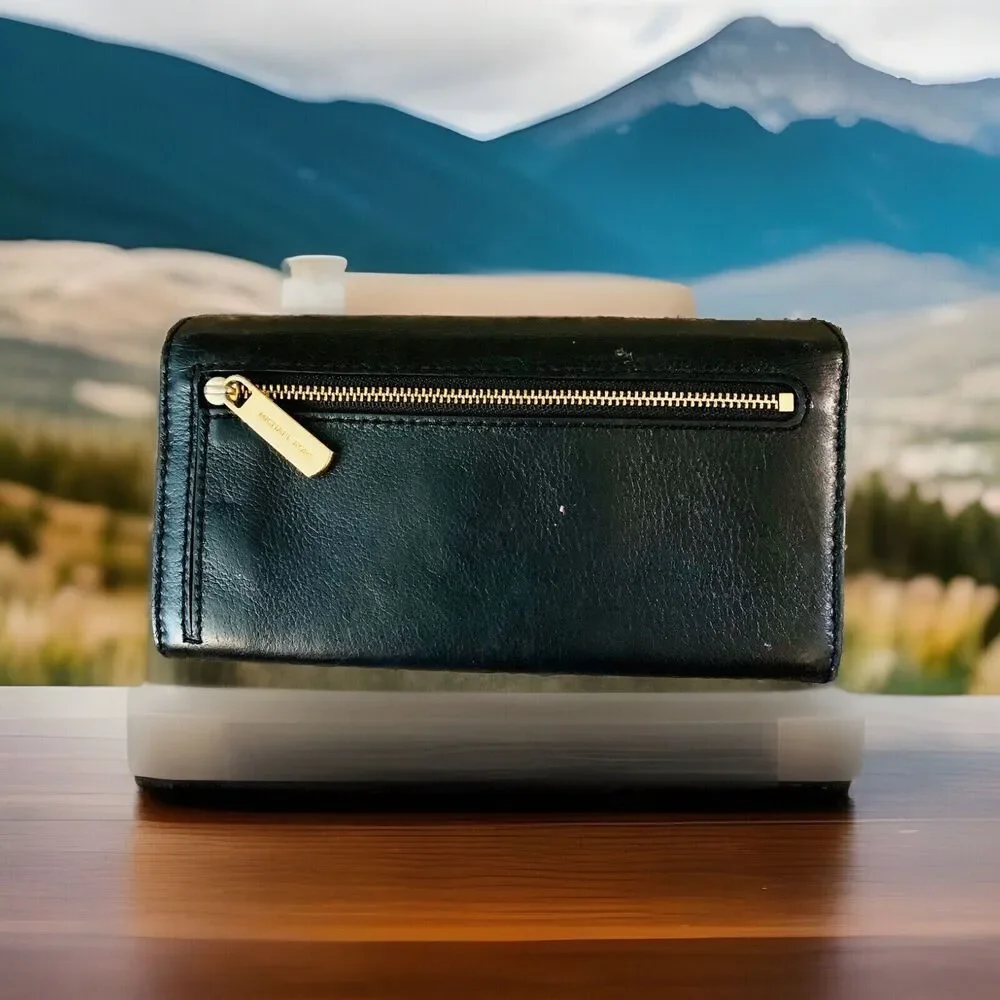 Michael Kors MK Gold lock Black Leather Channing Carry All Wallet